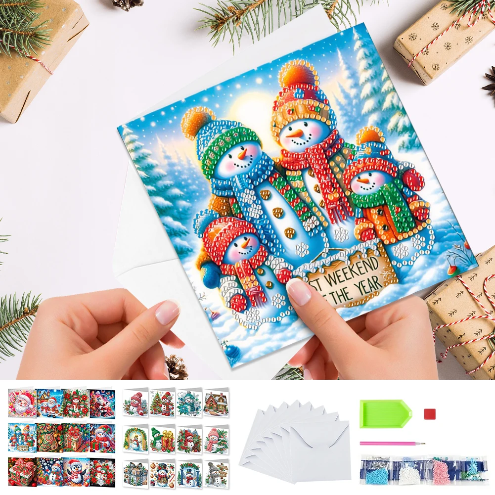 

12pcs DIY Diamond Painting Greeting Card Set Xmas Theme Rhinestone Diamond Art Mosaic Postcards for Festivals and Celebrations