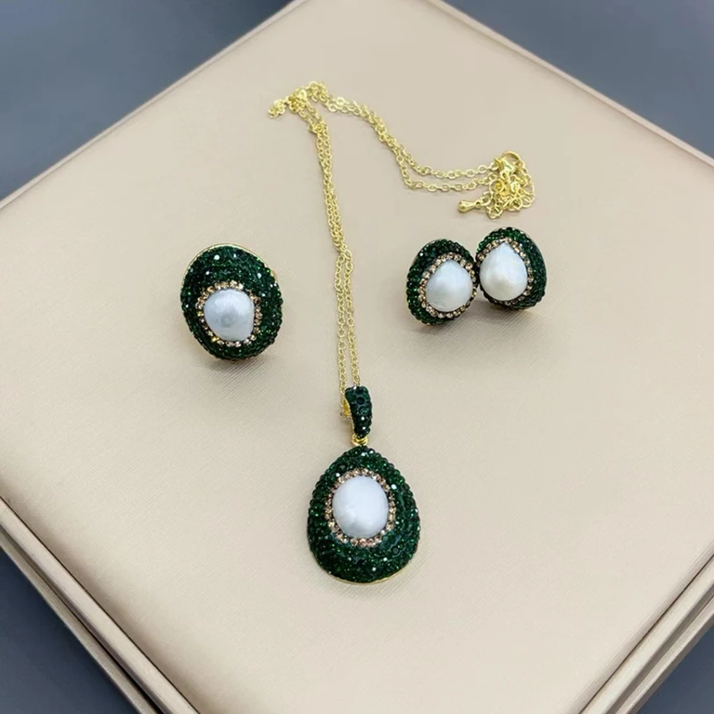 3 In 1 Baroque Freshwater Pearl Jewelry Set Charm Necklace Ring Drop Earring with Peacock Green Rhinestone for Women Party Wed