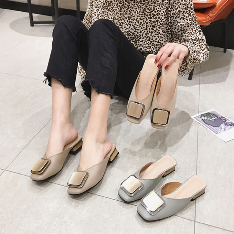 Fashion Designer Women Slippers Slip on Mules Heel Casual Shoes British Buckle Slides Wooden Block Heels Summer Footwear