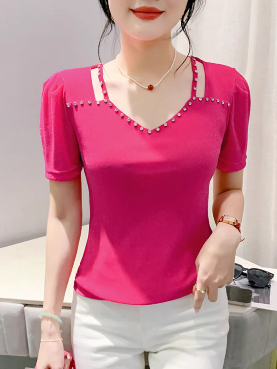 

Mesh T Shirts Girls Summer Short Sleeve Faux Diamonds V Neck Tees Woman High Stretchy Elegant Tshirt Top 2024