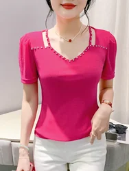 Mesh T Shirts Girls Summer Short Sleeve Faux Diamonds V Neck Tees Woman High Stretchy Elegant Tshirt Top 2024