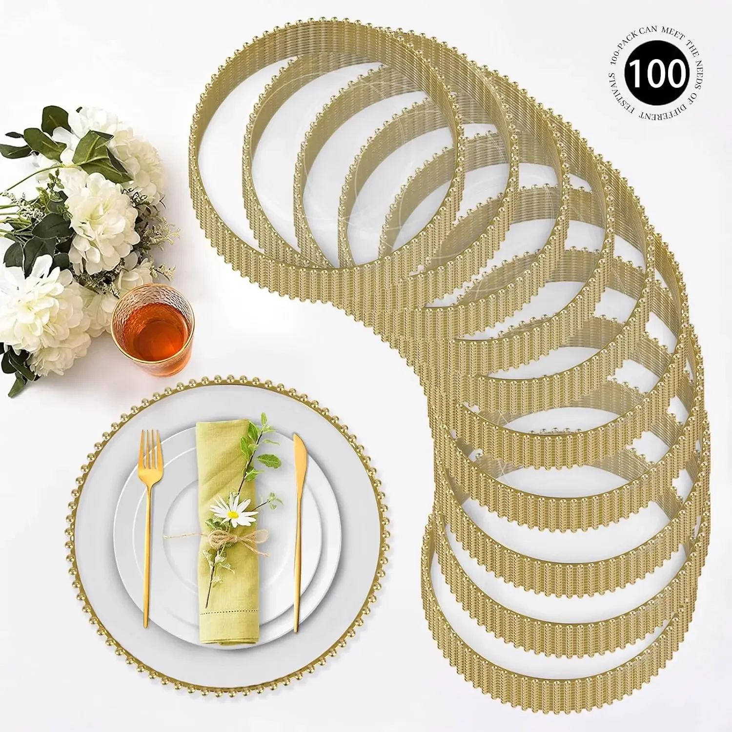 Clear Charger Plates Bulk 100, Round Plate Chargers with Gold Rim | 13