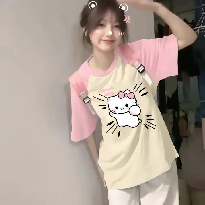 

Sanrio Hello Kitty, лето-осень, короткая, длинная, повседневная, женская, с короткими рукавами, домашняя одежда, шелковая футболка, женская одежда для сна, костюм