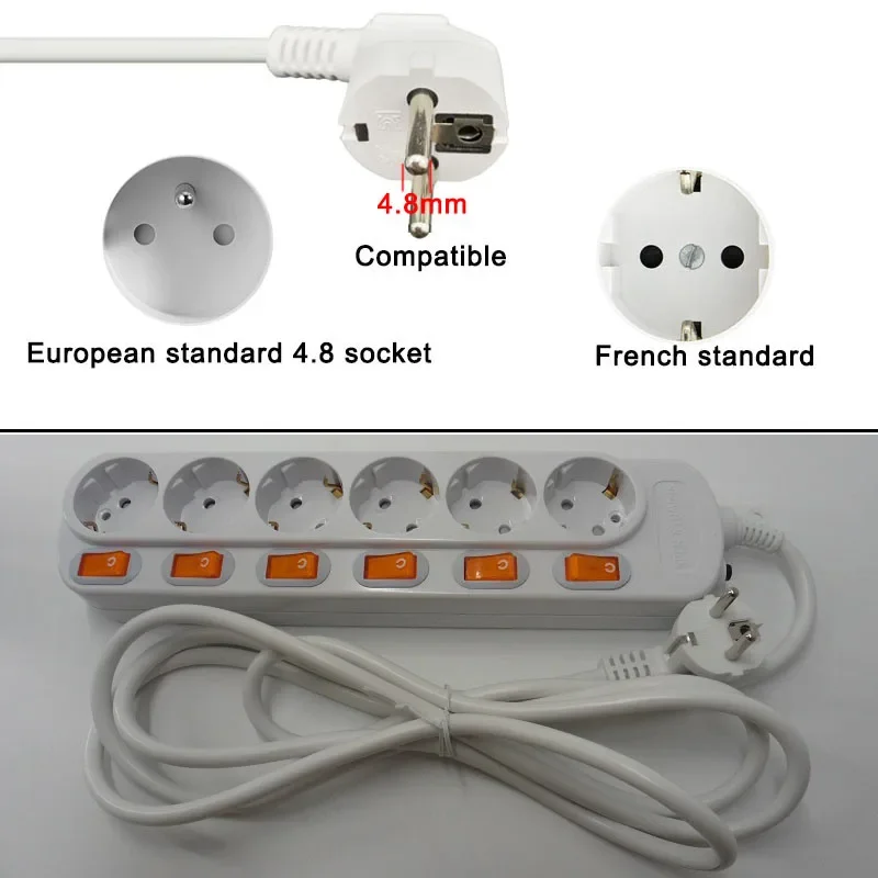 Power Strip EU Plug Extension Socket 16A 250V 3/4/5/6Ways Outlet Surge Protector 1.5Meter Cord