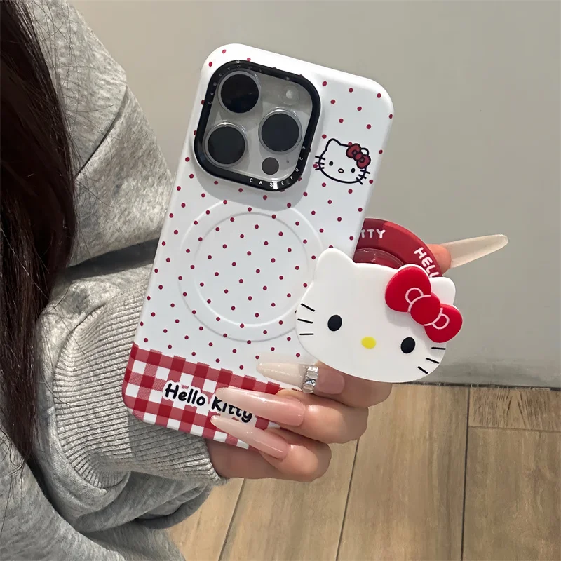 

Korean Polka Dot Hellokitty Cute Magnetic Phone Case For iPhone 17 Pro 16 15 14 Pro Max Cover with Stand Holder Cartoon Hard Cas