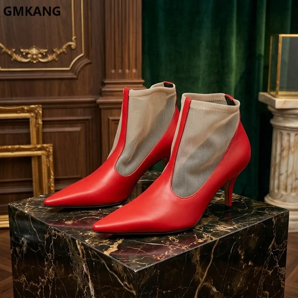 Sexy Kitten Heels Ankle Boots Women Genuine Leather Mesh Patchwork Summer Shoes Pointed Toe Slip-on Short Boots For Woman