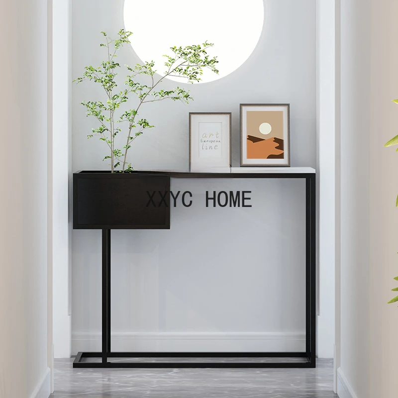 Light Luxury Stone Plate Console Tables Super Narrow Nordic Entrance Door Entrance Cabinet Iron Corridor Console