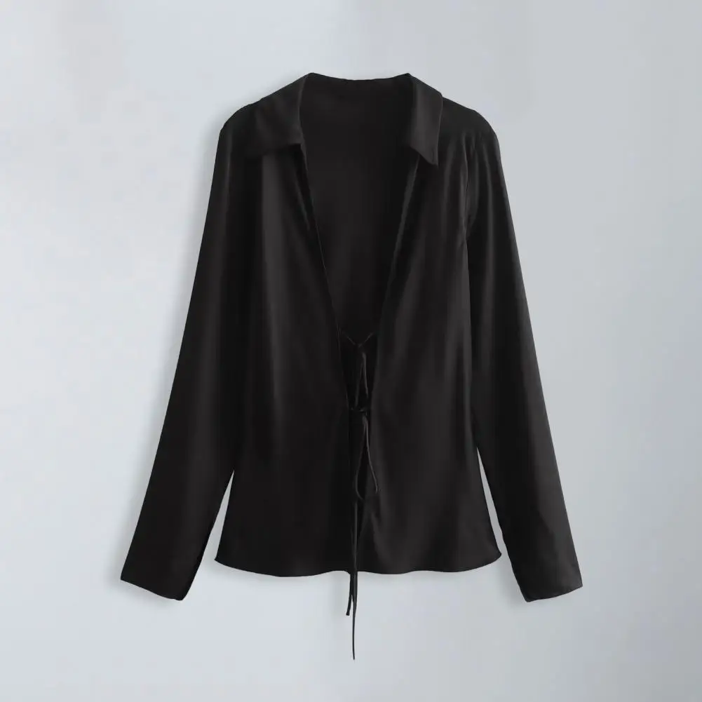 

Women Lapel Shirt Silk Satin Textured Women's Shirt With Lace-up Detail Elegant Bow Accent Sexy Hollow Effect Stylish Solid