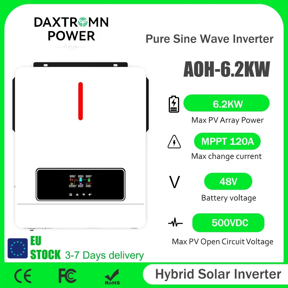 Daxtromn 6.2KW Hybrid Solar Inverter 48V 220V 500VDC Pure Sine Wave On/Off Gird Dual Output MPPT 120A Solar Charge Controller