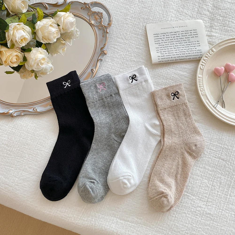 4pairs/lot Bow Socks Ballet Style Spring and Summer Thin Cotton Mesh Medium Tube Socks Summer Breathable White Stacking Socks