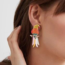 2024 New Design Exaggerated Colorful Parrot Dangle Earrings Shining Rainbow Rhinestone Bird Animal Earrings