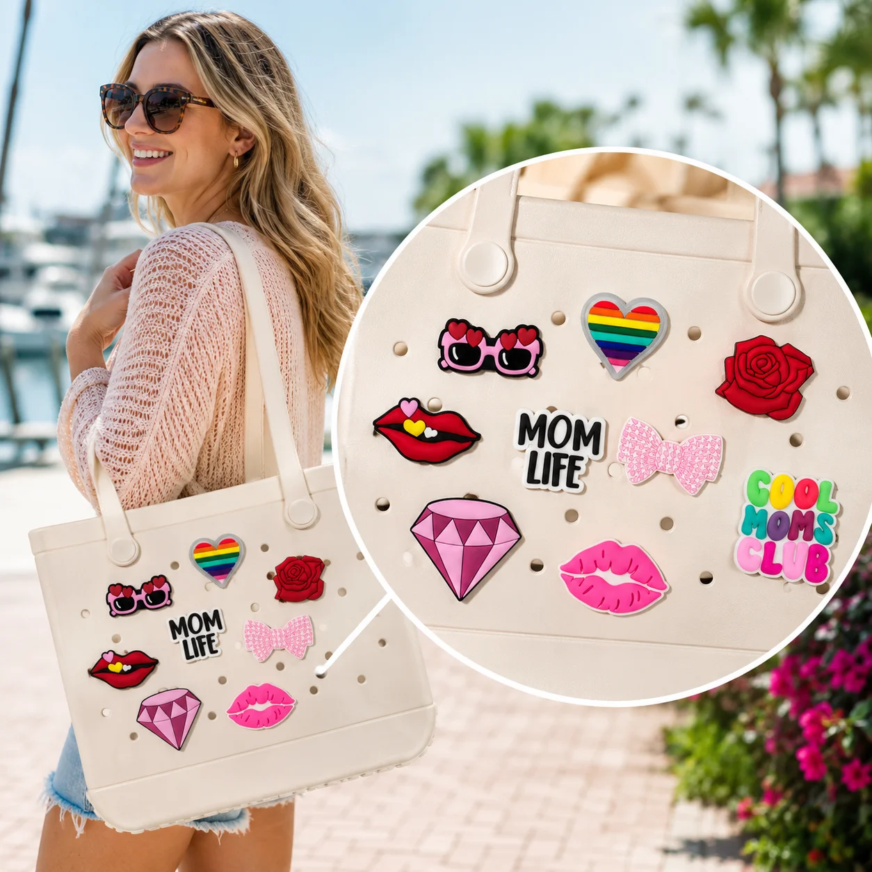 1PCS Elegant Mom Series Bag Charm for Women, Colorful Heart Cup Charm for Tote Bags, Sunglasses-Shaped Lip Accessories for Handb