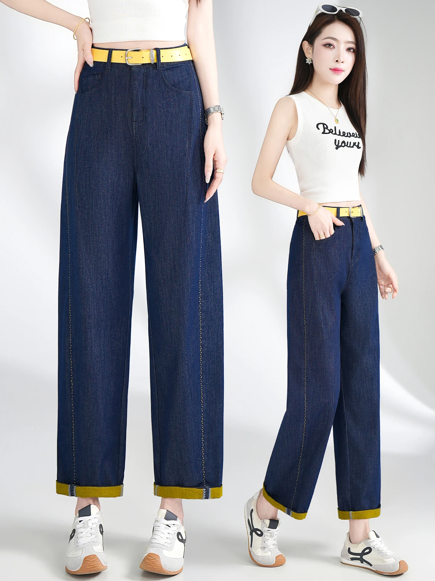 

High Waist Loose Fit Summer Thin Denim Blue Women's Jeans Knife Casual Straight Leg Trousers Comfortable Breathable Wear