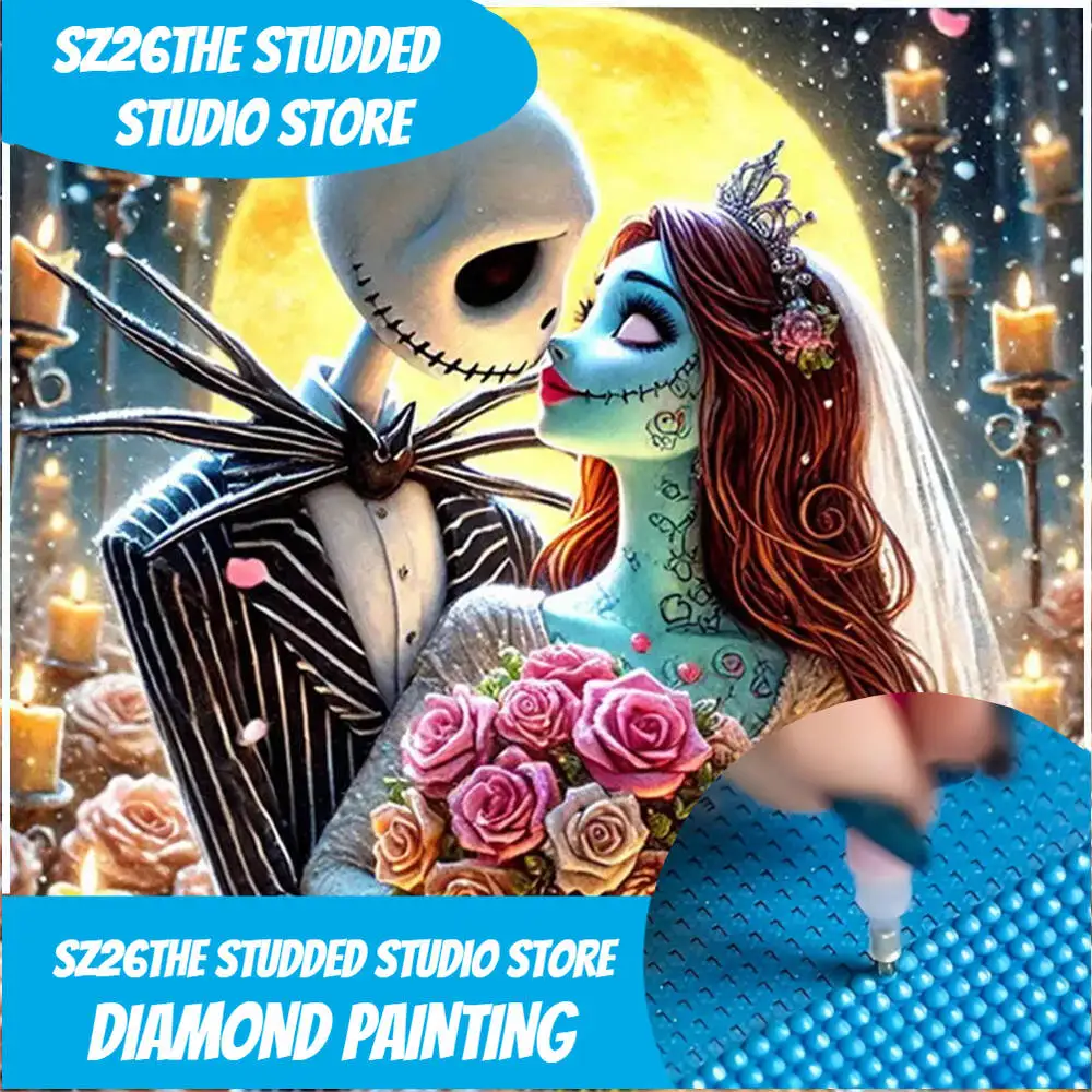 Pintura de Diamantes con Tachuelas de Disney, Nuevo Diseño, Jack y Calavera, Pareja, Manualidades, Pesadilla Antes de Navidad, Mosaico de Diamantes, Luna, Dibujos Animados
