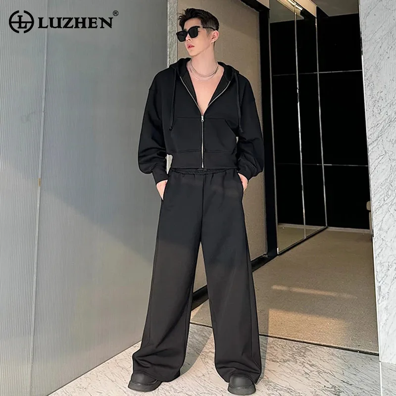 LUZHEN 2024 New Hollow Out Designer Hoodies Sweatshirts Two-piece Sets Men's Stylish Sports Straight Pants Sport Niche LZ6294