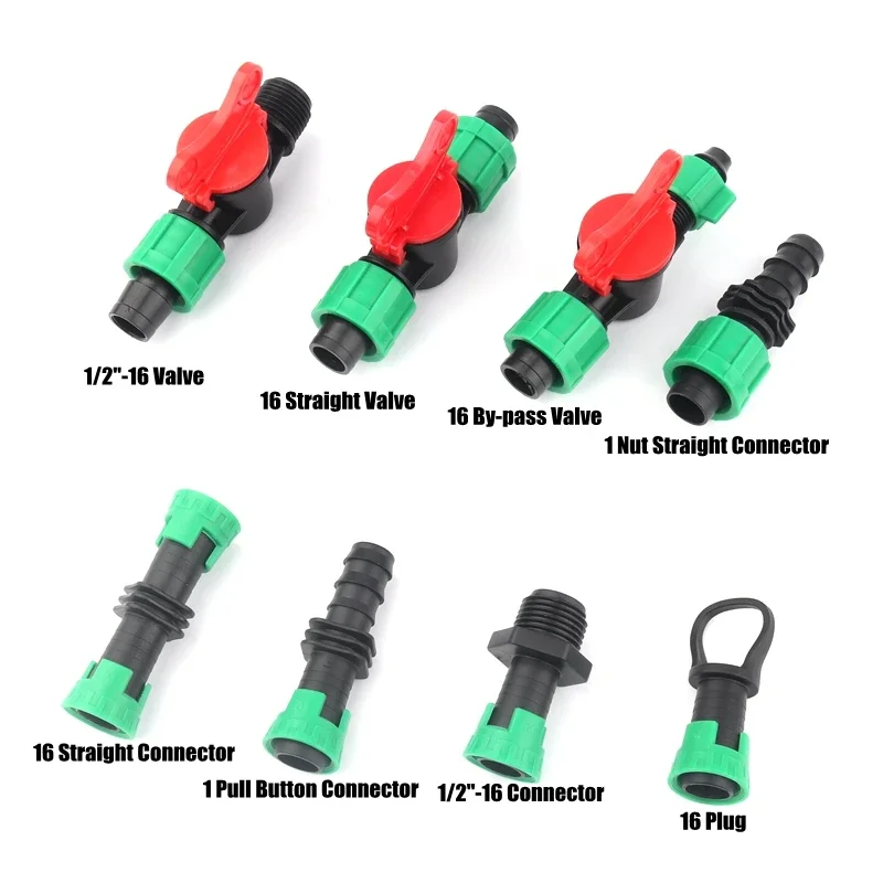 5 pieces set 16 millimeter drip tape fittings with threaded lock shut-off mechanism elbow and tee connectors for garden irrigati