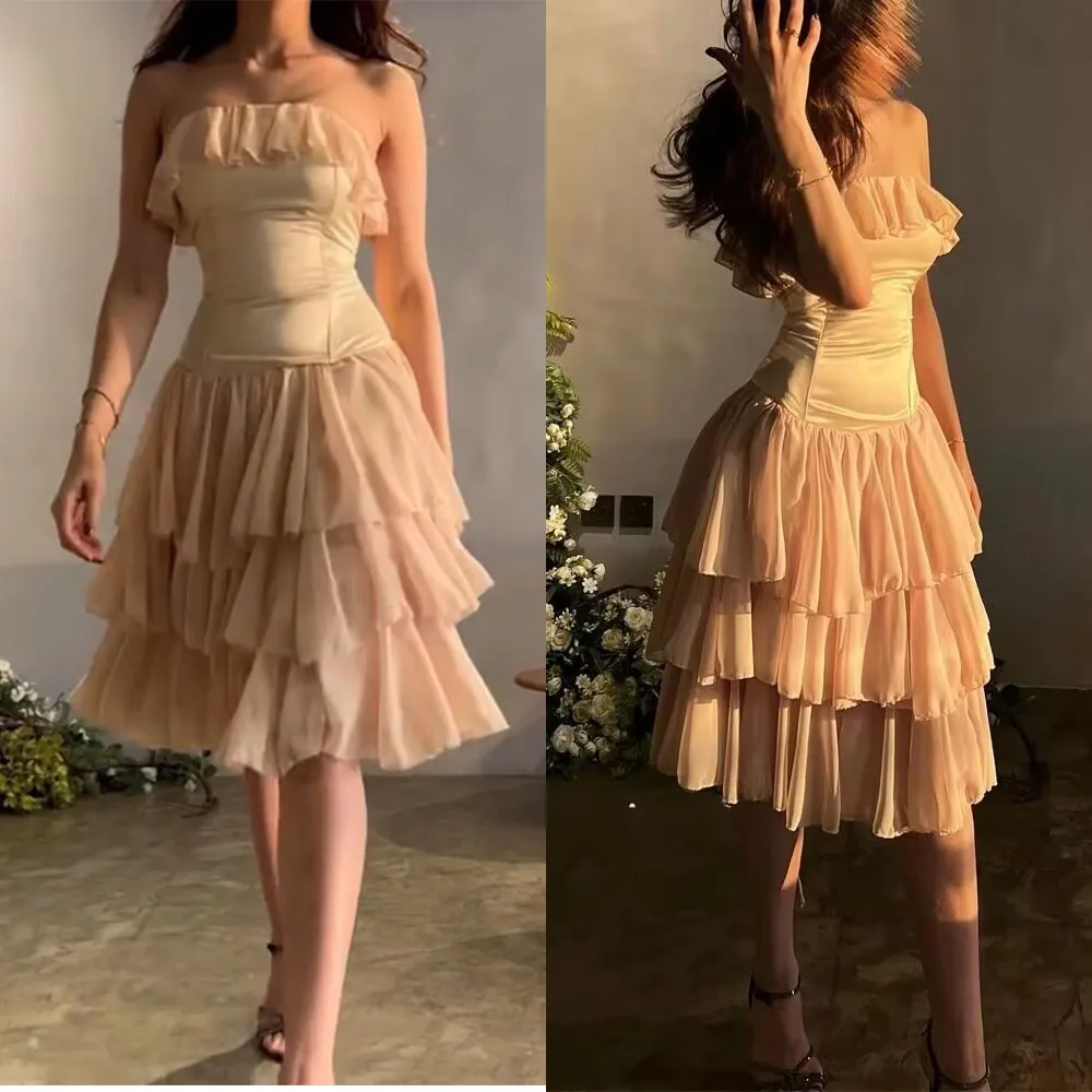 

High Quality Customized Knee Length Strapless A-line Sleeveless Woman Vestidos Elegantes Para Mujer Lowime Evening Dress فساتين