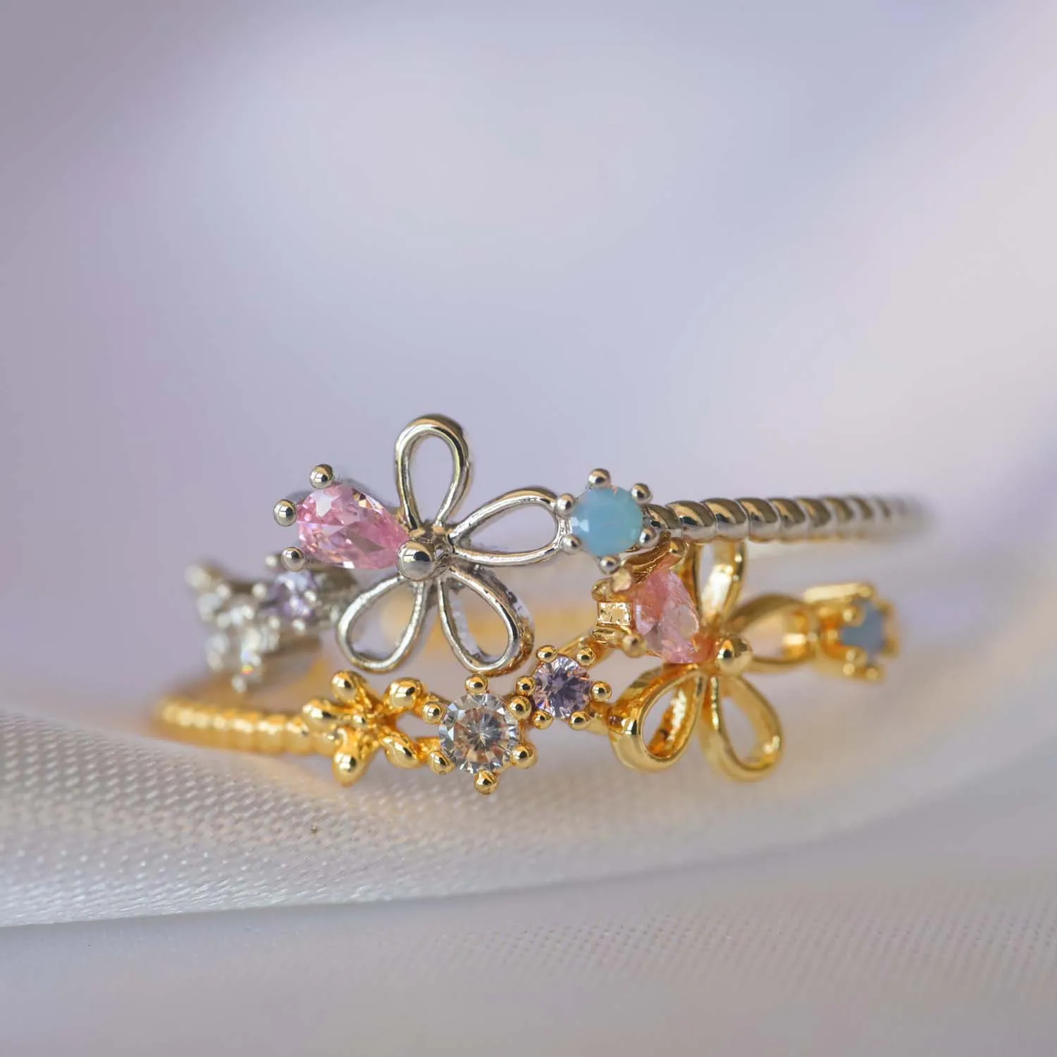 New Ins Pink Zircon Hollowed Flower Rings For Women Adjustable Small Ring Trend Wedding Aesthetic Jewelry Gift