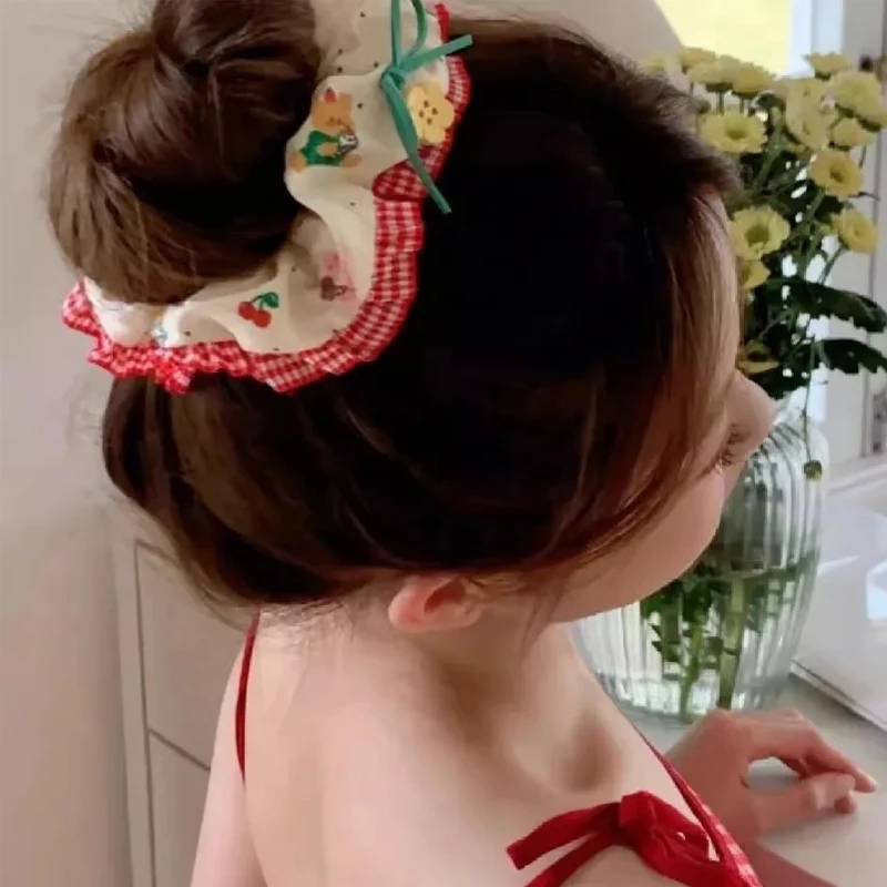 Cute Cherry Bear Fabric Lace Edge Hairband Female Bow Large Intestine Hairband High Elasticity Female Hairstring Hair Accessory - Image 5