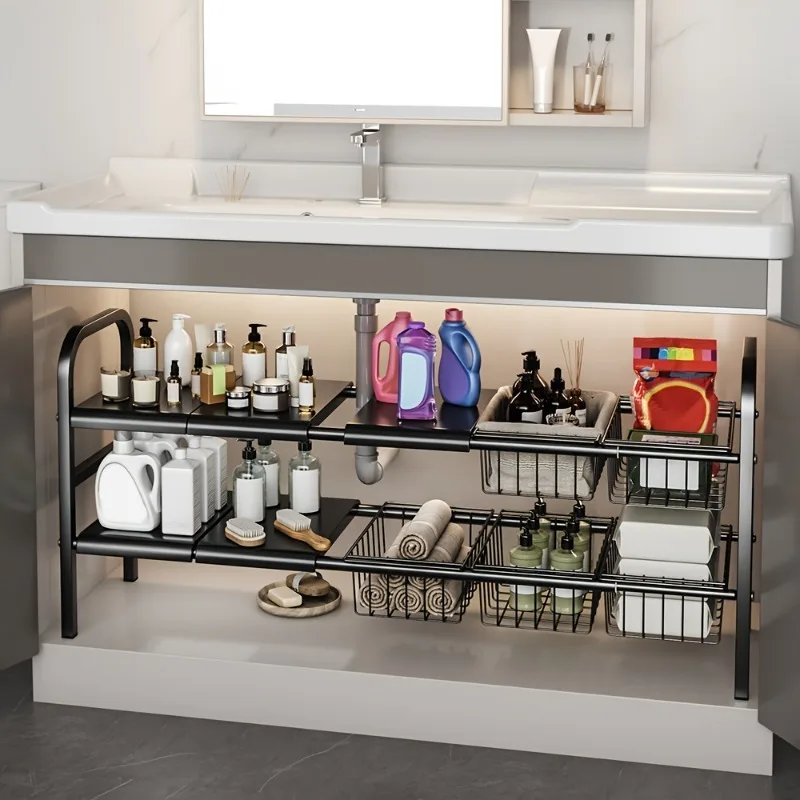 1 Set Multi-Use Kitchen Under Bathroom Sink Organizers – Expandable Cabinet Shelf Organizer Storage Rack