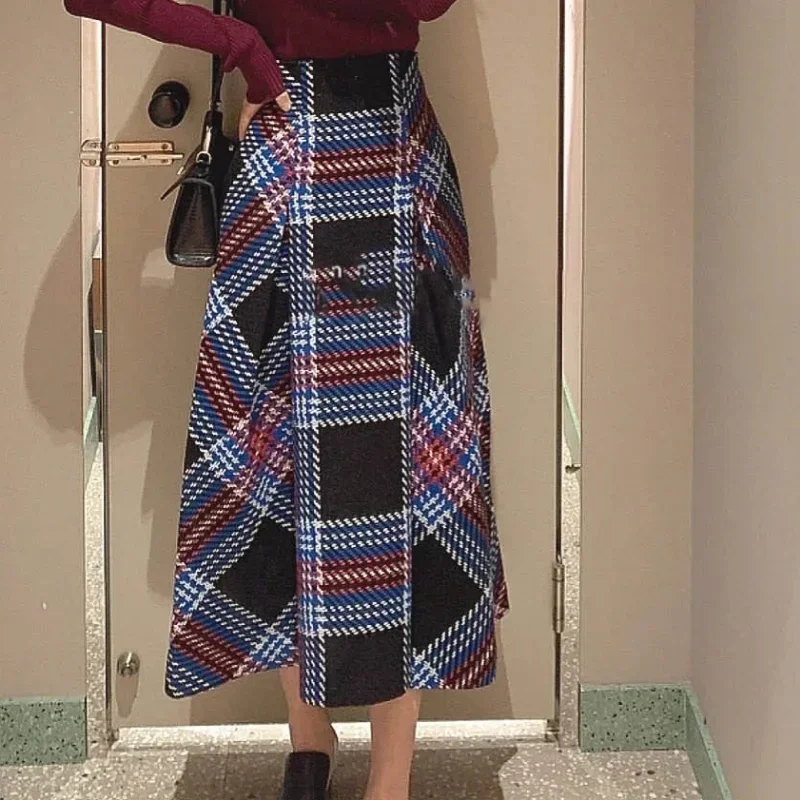 Neploe Harajuku Faldas Mujer Moda 2024 JAPAN Autumn Winter Ball Gown Slim Jupe High Waist Plaid Contrast Color Long Skirt