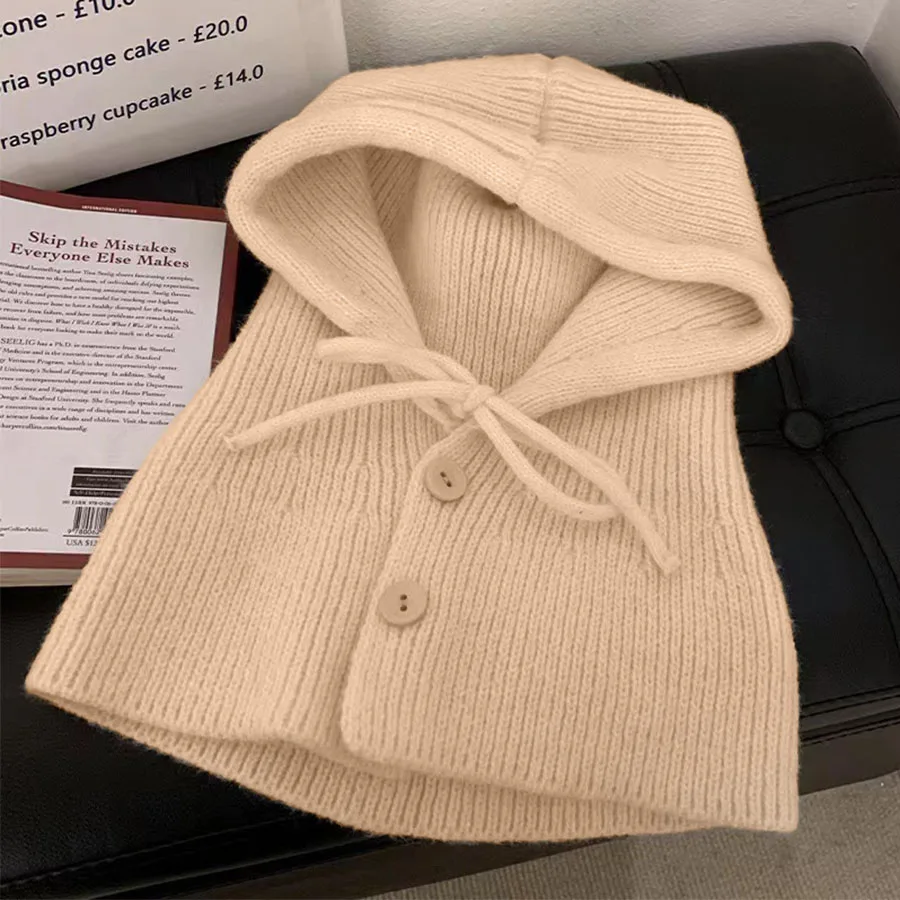 Winter Fashion Knitted Hooded Hat Women Grey Neck Cover Balaclava Beanies Korean Trend Y2k Wool Pullover Hat