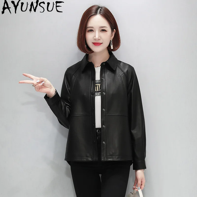 

AYUNSUE Женская куртка из натуральной овчины 2024, пальто из натуральной овчины, женская весенне-осенняя одежда, повседневная облегающая куртка Косуха Женская