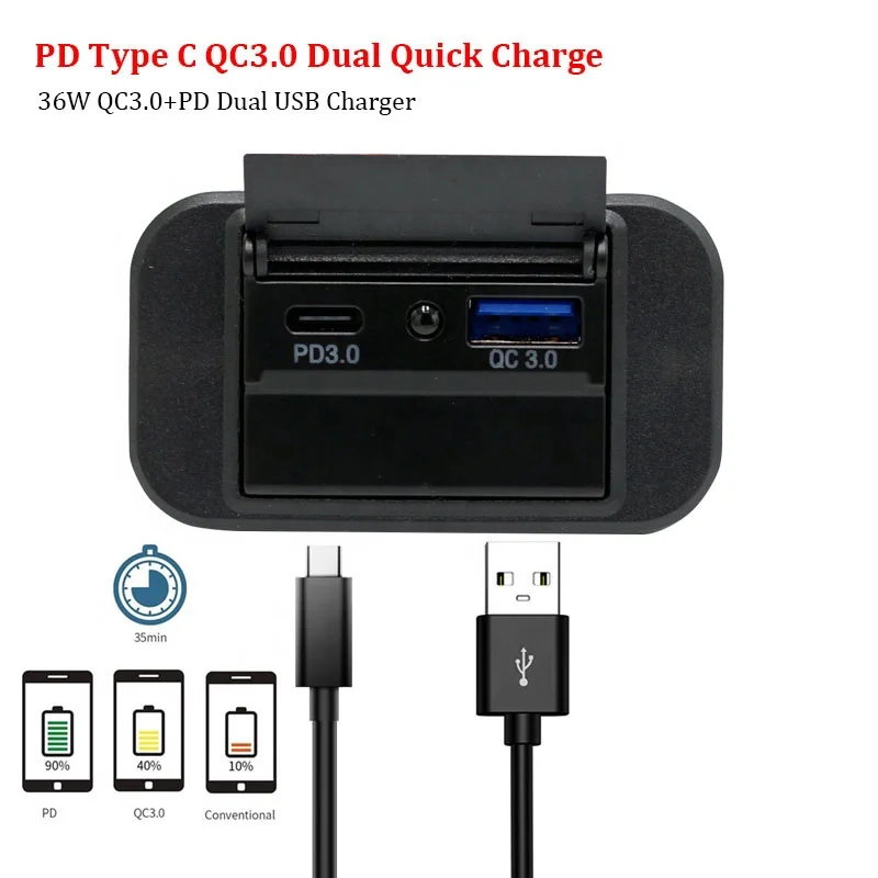 Fast Charging Universal Dust-Waterproof USB Type-c Embedded Design Car Bus RV Boat Charger 12V/24V Dual QC+PD Socket