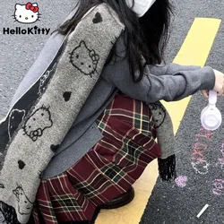 Sanrio Hello Kitty New Fashion Scarf Women Grey Black Aesthetic Scarves Y2k Autumn Winter Cartoon Shawl Female Accessories