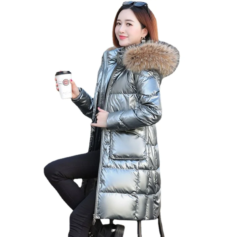 Winter New Mid Length High-end Thermal Women Down Jacket Hooded Real Fur Collar Fashionable Bright White Duck Down Jacket