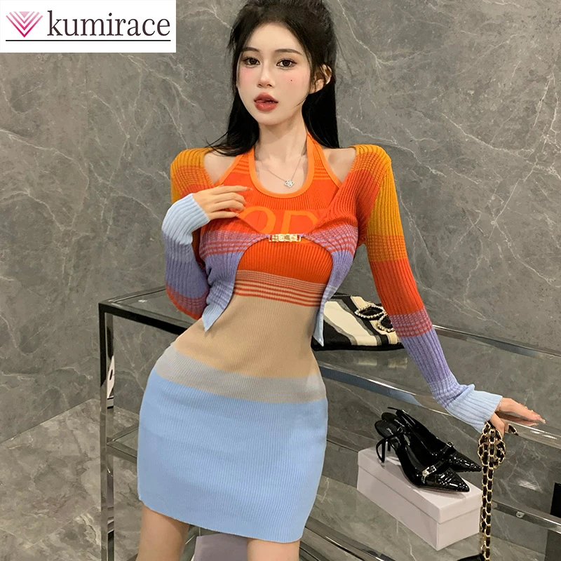 

2023 Summer New Suit Women's Knitted Cardigan Sunscreen Small Coat Gradient Slim Hanging Neck Dress Two-piece Skirt Suit Dress