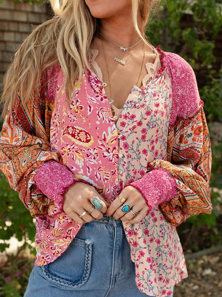 GypsyLady Boho Floral Printed Blouse Shirt Summe Spring Rayon Long Puff Sleeve V-Neck Vocation Beach Casual Ladies Women Shirts