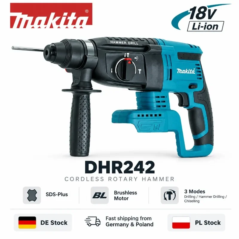 Makita DHR242 18V LXT Bürstenloser Akku-Bohrhammer 24mm Beton, 4700 IPM, 2,0J SDS Plus 3-Modus Professionelles Elektrowerkzeug, Kompatibel mit BL1860B BL1850B BL1815, EU-Lager Schneller Versand