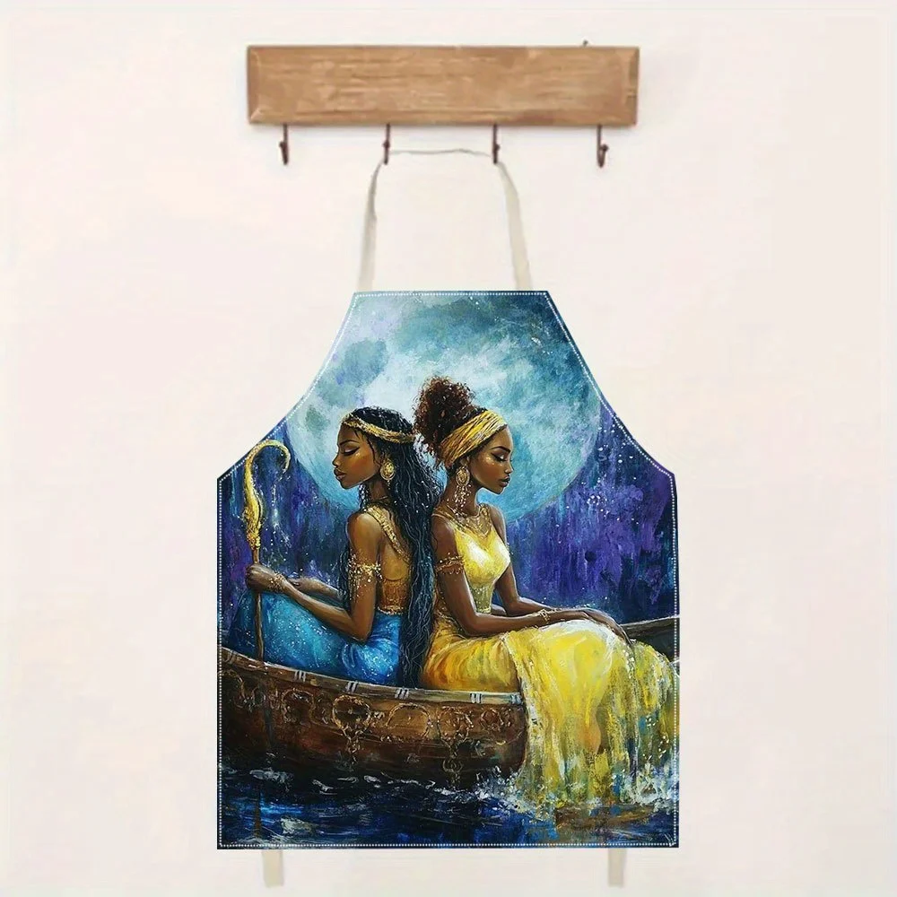1pc Enchanting Moonlit Boat Ride Apron Fantasy Art Women In Blue And Yellow Gowns Under Starry Sky Linen Kitchen Cooking