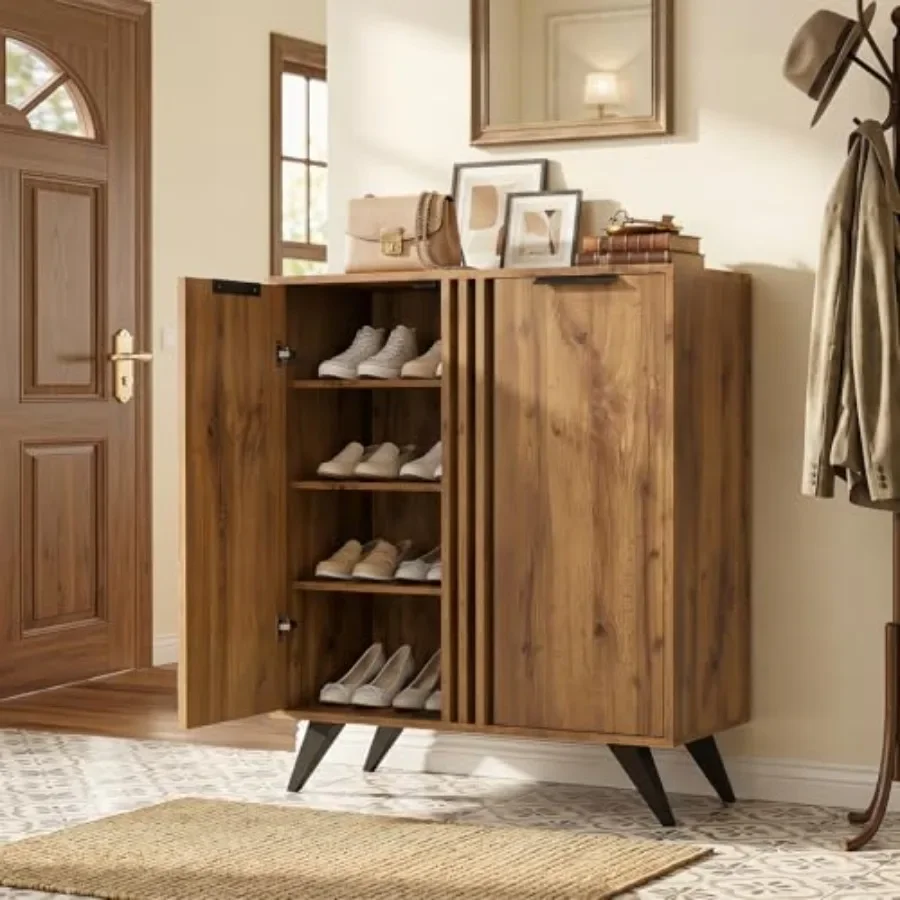 4-Tier Wooden Shoe Cabinet for Entryway with 2 Doors: Natural Wood Finish, Space-Saving Design, Soft-Close Doors, Rustic Charm