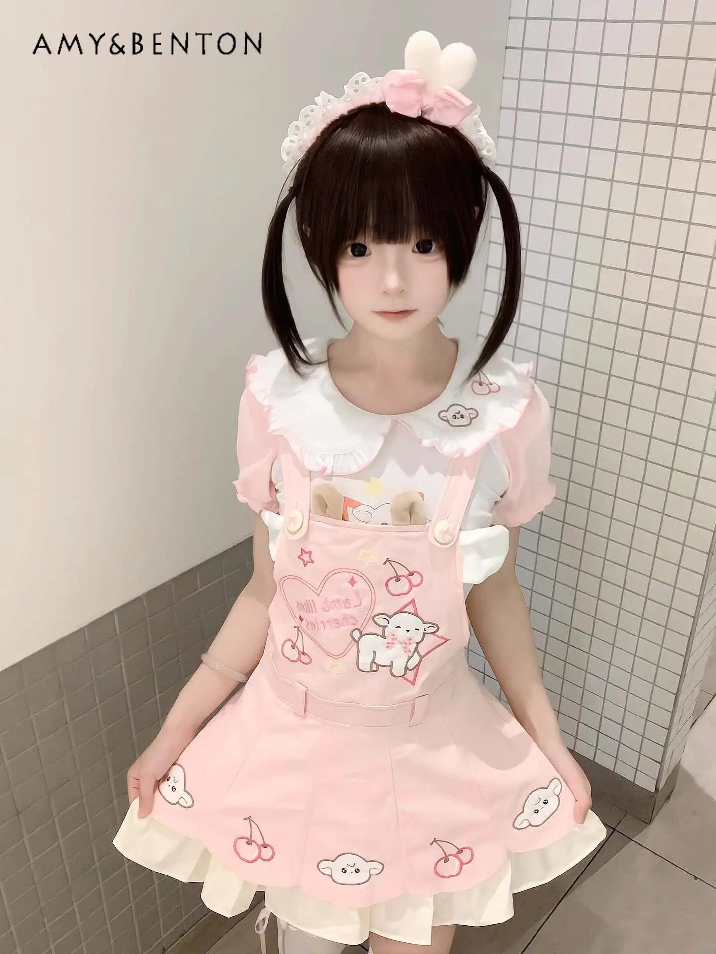 

Kawaii Cartoon Embroidery Pink Dress Sets Women Japanese Sweet Girl Ruffle Edge Strap Tutu Skirt Doll Collar Shirt Two-piece Set