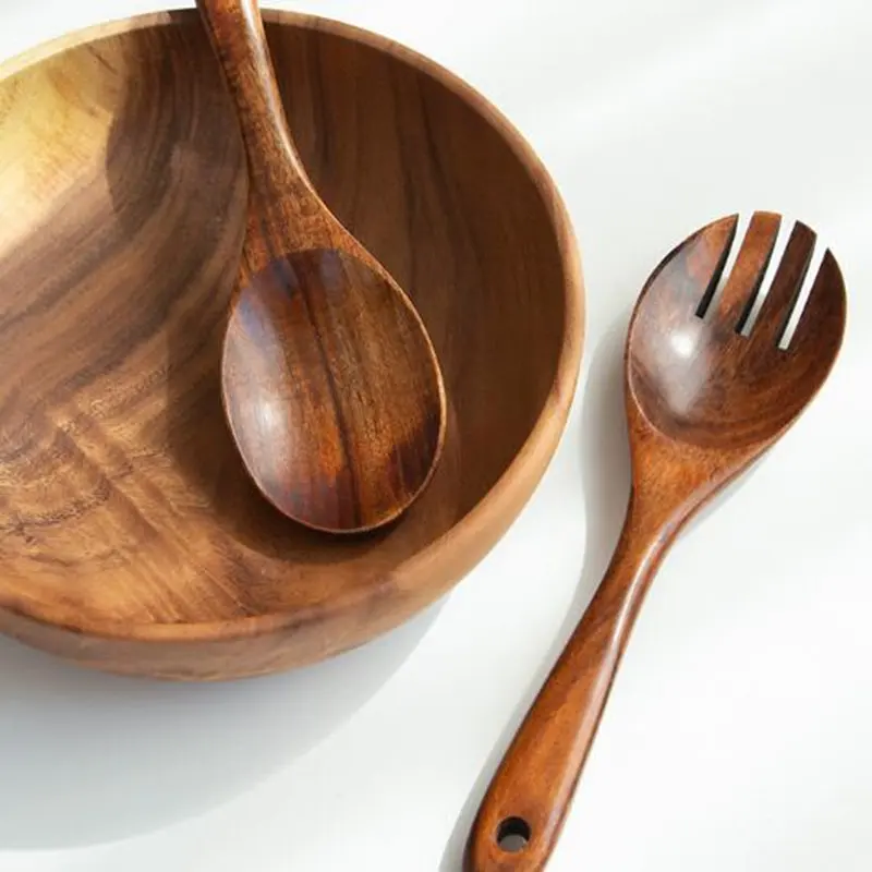 Large Wooden Salad Bowls Big Wood Serving Bowl for Fruits, Salad, Cereal or Past Mixing Bowl  Acacia Solid Spoon Fork Hardwood