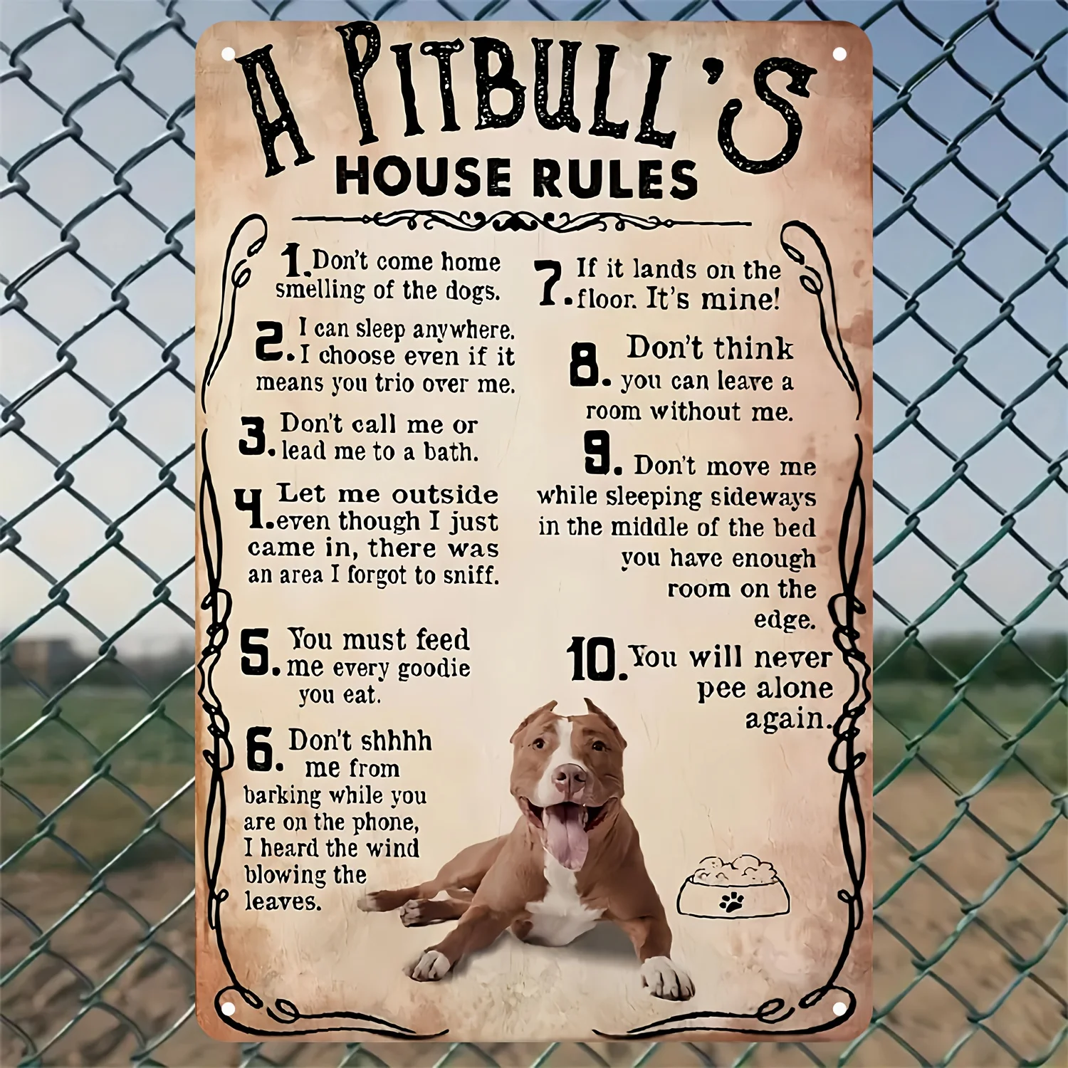 Pitbull House Rules Metal Sign, Vintage Wall Decor, , with Pre-Drilled Holes, Weather-Resistant, Easy to Hang, for Bedroom, Bath