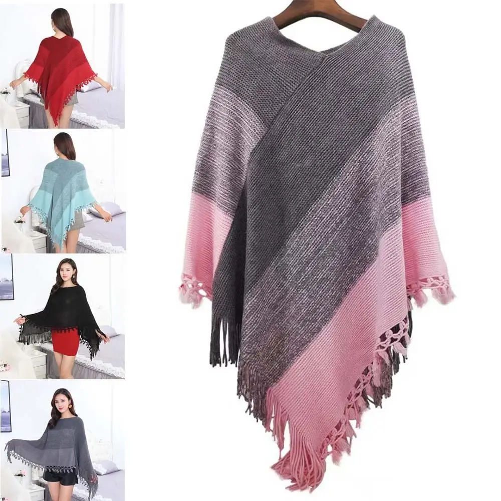 Coat Overlays Winter Warm Mongolian Poncho Striped Ethnic Style Pullover Tassel Shawl Polyester Knitted Cape Women Fashion