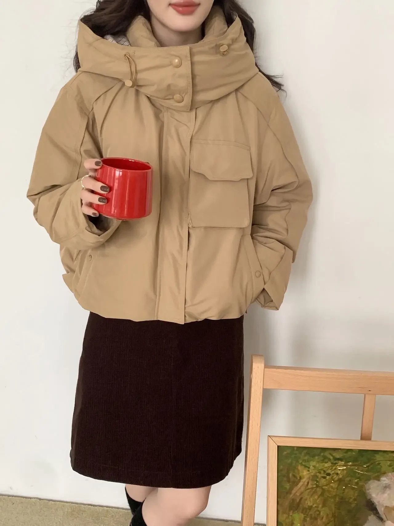 Winter New Women's Down Jacket Commuter Splicing Grid Short Workwear Hoodie Jacket