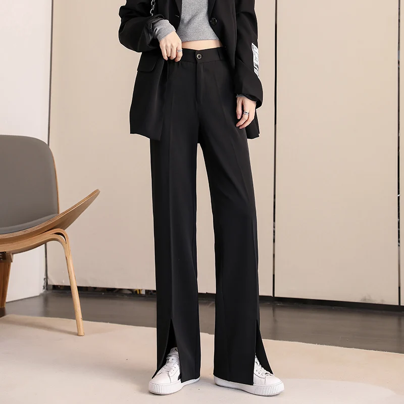 Women Black Front Slit Pants Chic Fashion Office Lady Long Straight Trousers Elastic High Waist Pencil Loose Trousers Jumpsuits