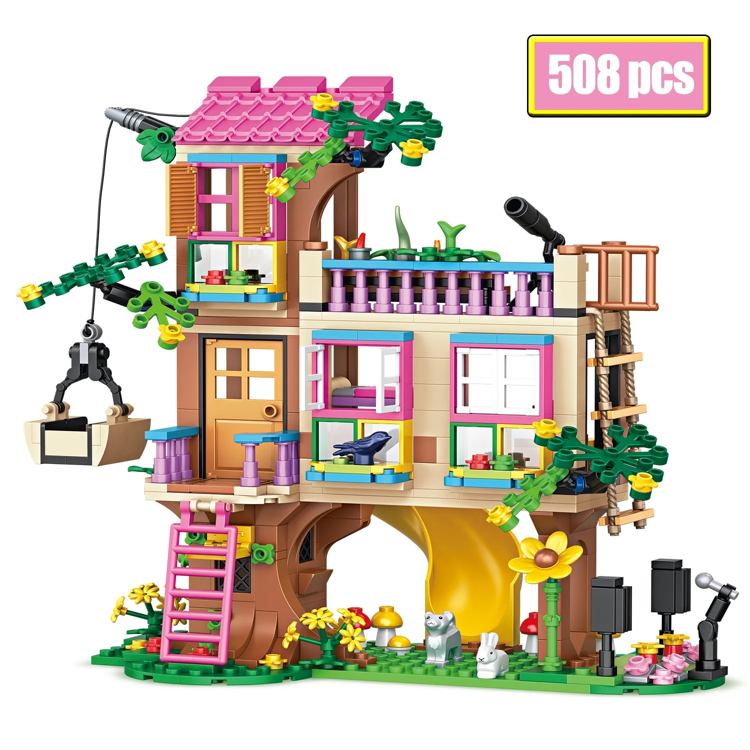 508 Stuks Stadsvrienden Meisjes Boomhut Bouwstenen MOC 3 Verdiepingen Villa Mechanische Grijper Haak Glijbaan Stenen Speelgoed Cadeaus