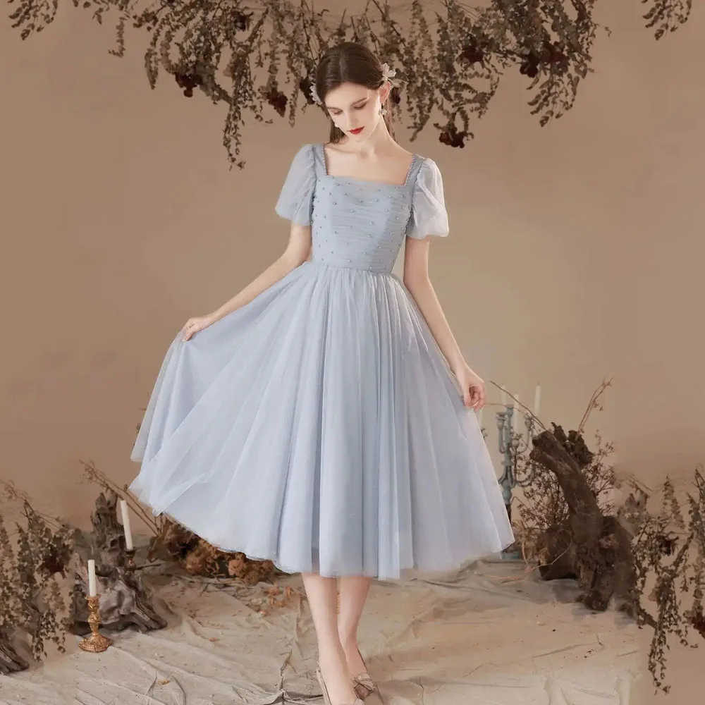 MOBEYE 2024 Short Tulle Blue Square Neck Evening Gown A-line Sleeves Beaded Tea Length Women’s Evening Gown