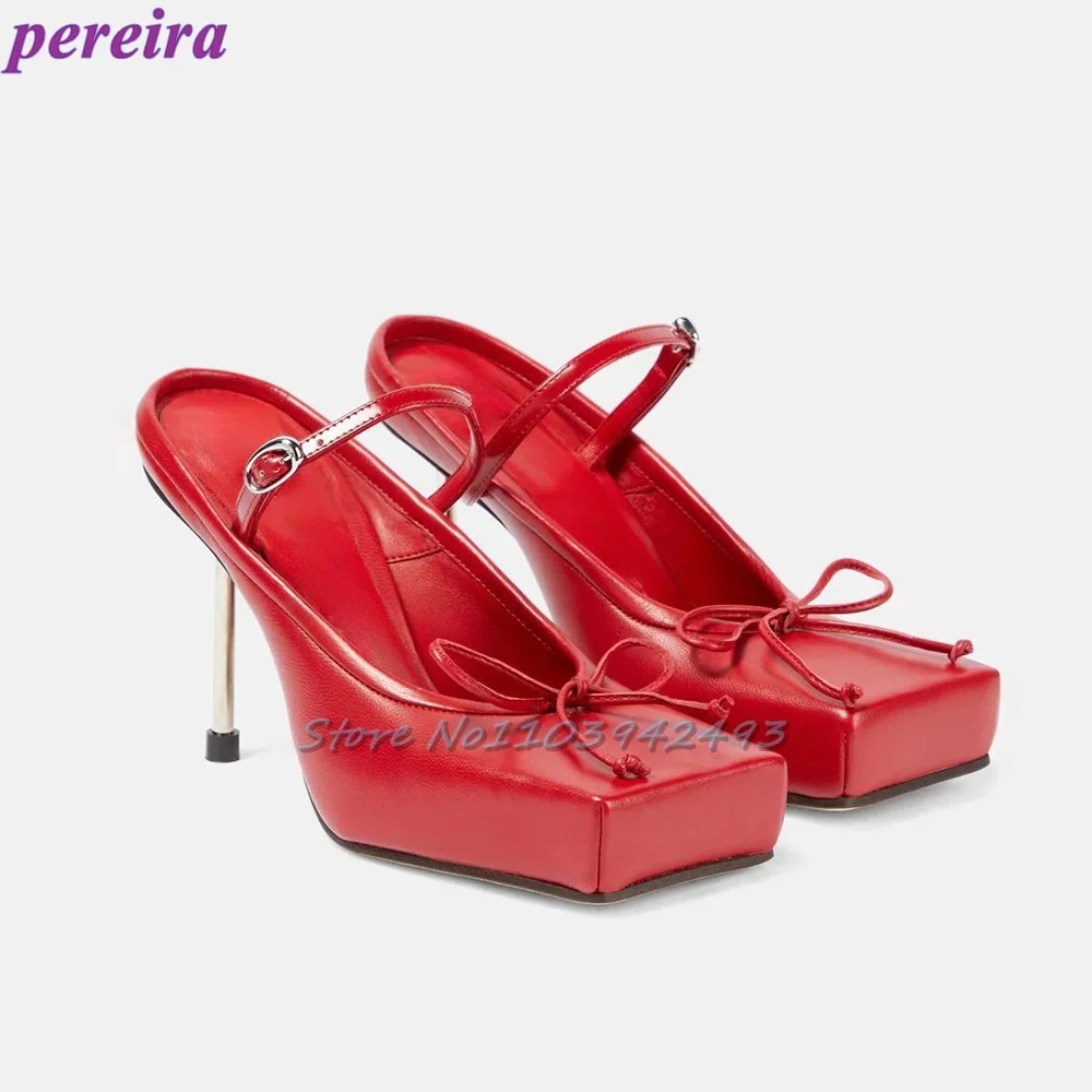 

Босоножки на металлическом каблуке с узлом-бабочкой, красные однотонные сабо с квадратным носком, летние шлепанцы без шнуровки, черная роскошная женская обувь