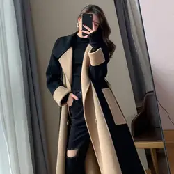 Elegant Double-breasted Women Woolen Coat Autumn Winter Woolen Coat Women's Long Style Contrasting Color Temperament Overcoa