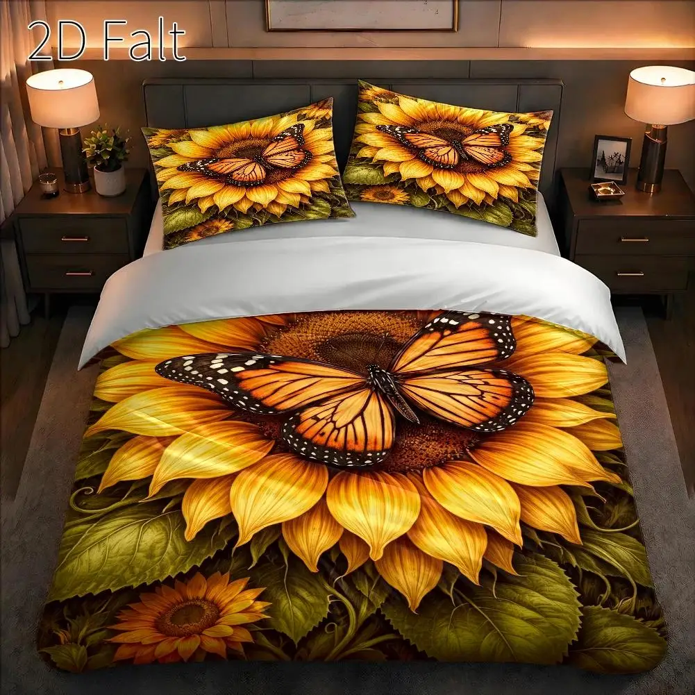 3-Piece Quilt Cover Set, 1 Quilt Cover + 2 Pillowcases (Without Filling) 2D Flat Printing, Three-Piece Quilt Cover Set, Sunflower and Butterfly Theme, Realistic Style, No Specific Holiday Theme, Suitable for All Seasons, Machine Washable, Invisible Zipper, Large Quilt Cover Set, Bedding Set, Skin-Friendly, Breathable, Soft and Comfortable, Does Not Fade or Pill, Suitable for Home/Dormitory/Master Bedroom/Guest Room