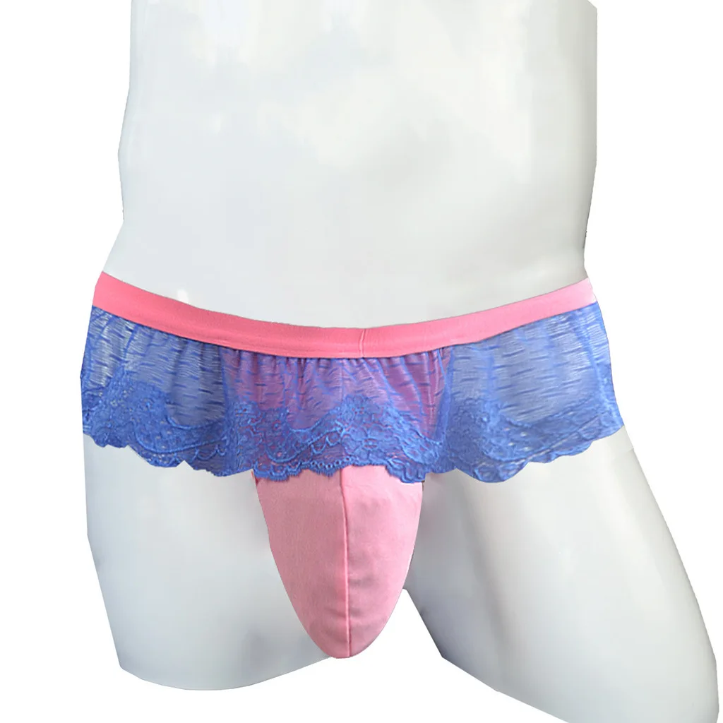 Men's Erotic Underwear Lace Ruffled Sheer T Back Thong Bowknot Crossdressing Sissy Low Waist U Convex Pouch Panties Open Buttock