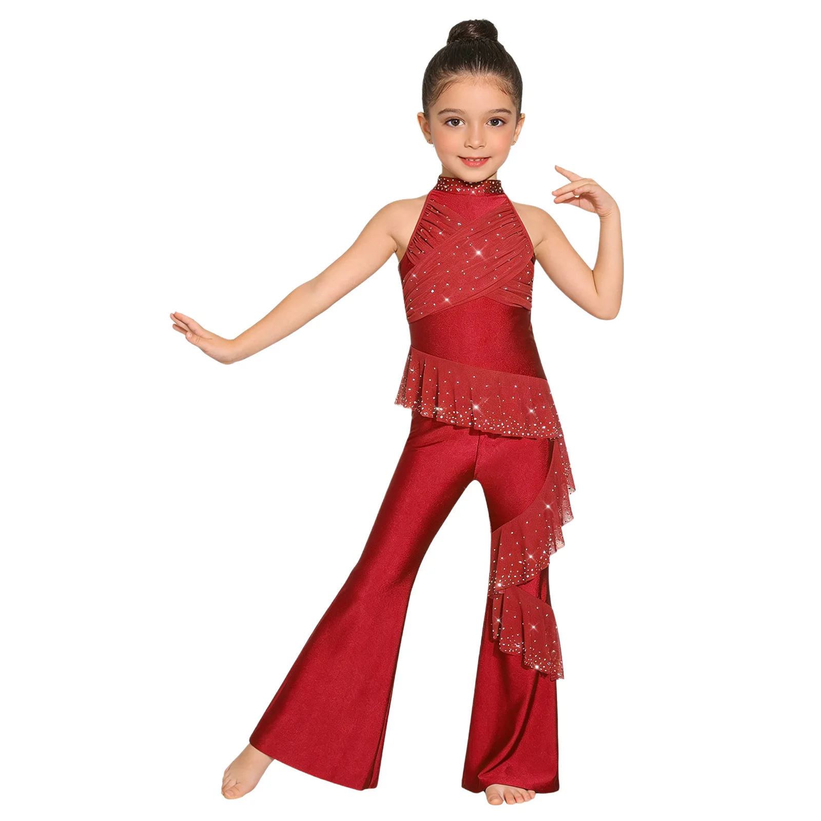 

Kids Girls Rhinestones Jazz Waltz Dance Jumpsuit Sleeveless Ruched Mesh Ruffles Bodysuit for Modern Ballet Performance Dancewear