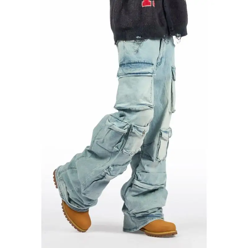 Calças Cargo Jeans Arient com Lavagem Gradual, Corte Reto, Estilo Neutro, Casuais, Unissex, para Trabalho Transfronteiriço
