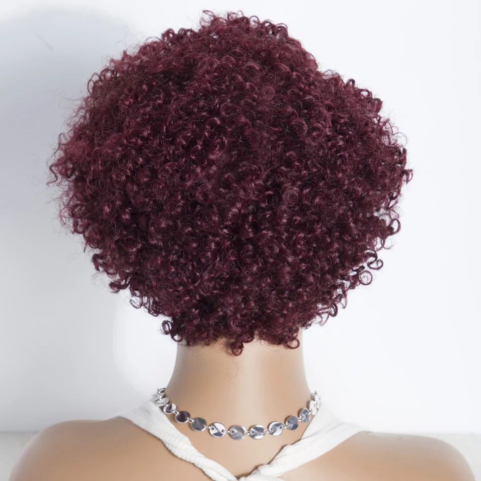 Lekker 99j Burg Red Short Pixie Cut Afro Kinky Curly Bob Human Hair Wigs For Women Brazilian Remy Hair Ready to Wear Colored Wig image 4